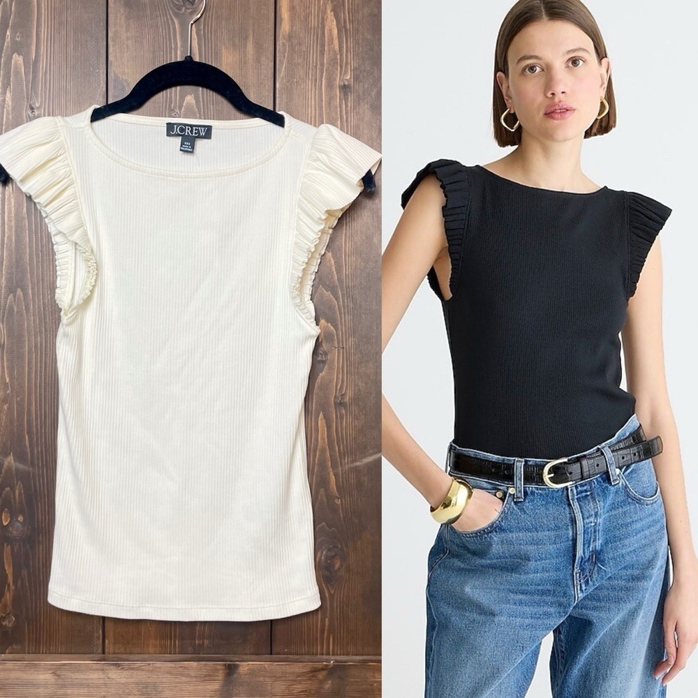 NWT J.Crew Ribbed Ruffle Cap Sleeve Cotton Tank Top Tee | Ivory | XXS
